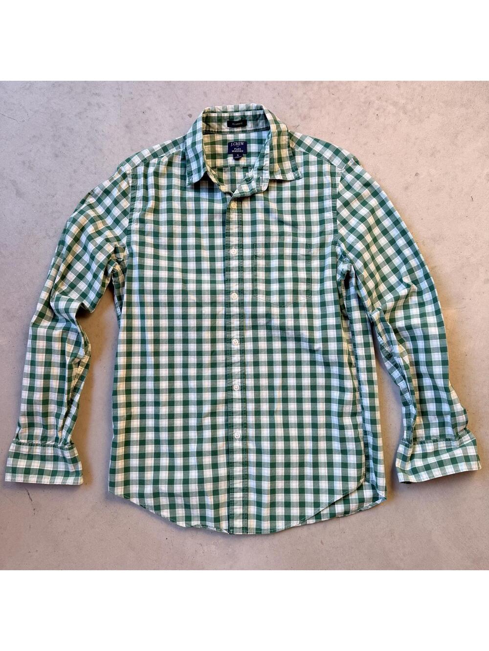 J.Crew Button Up Shirt Classic Fit Flex Washed Green & White Checkered Small